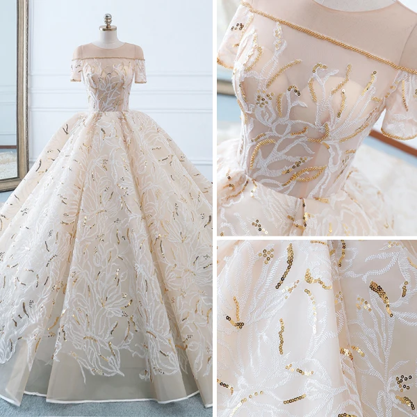 Luxury / Gorgeous Champagne Wedding Dresses 2018 Ball Gown See-through Scoop Neck Short Sleeve Gold Beading Sequins Appliques Lace Ruffle Cathedral Train