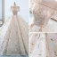Luxury / Gorgeous Champagne Wedding Dresses 2018 Ball Gown See-through Scoop Neck Short Sleeve Gold Beading Sequins Appliques Lace Ruffle Cathedral Train