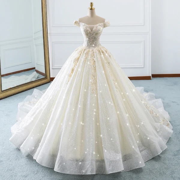 Luxury / Gorgeous Champagne Wedding Dresses 2018 Ball Gown Off-The-Shoulder Short Sleeve Backless Appliques Lace Glitter Tulle Ruffle Cathedral Train