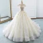Luxury / Gorgeous Champagne Wedding Dresses 2018 Ball Gown Off-The-Shoulder Short Sleeve Backless Appliques Lace Glitter Tulle Ruffle Cathedral Train