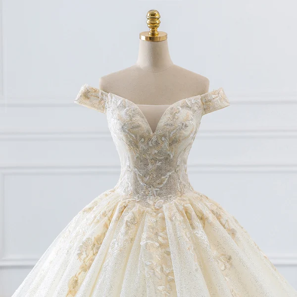 Luxury / Gorgeous Champagne Wedding Dresses 2018 Ball Gown Off-The-Shoulder Short Sleeve Backless Appliques Lace Glitter Tulle Ruffle Cathedral Train