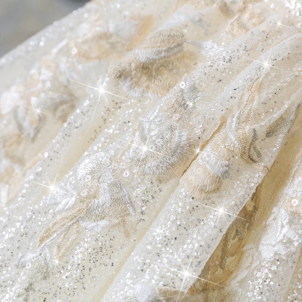Luxury / Gorgeous Champagne Wedding Dresses 2018 Ball Gown Off-The-Shoulder Short Sleeve Backless Appliques Lace Glitter Tulle Ruffle Cathedral Train
