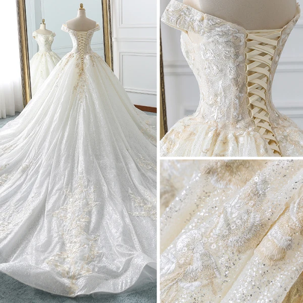 Luxury / Gorgeous Champagne Wedding Dresses 2018 Ball Gown Off-The-Shoulder Short Sleeve Backless Appliques Lace Glitter Tulle Ruffle Cathedral Train