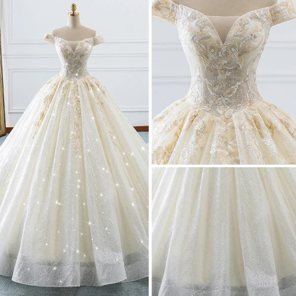 Luxury / Gorgeous Champagne Wedding Dresses 2018 Ball Gown Off-The-Shoulder Short Sleeve Backless Appliques Lace Glitter Tulle Ruffle Cathedral Train