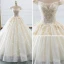 Luxury / Gorgeous Champagne Wedding Dresses 2018 Ball Gown Off-The-Shoulder Short Sleeve Backless Appliques Lace Glitter Tulle Ruffle Cathedral Train