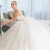 Luxury / Gorgeous Ivory See-through Wedding Dresses 2018 Ball Gown Scoop Neck Sleeveless Backless Appliques Lace Rhinestone Ruffle Cathedral Train