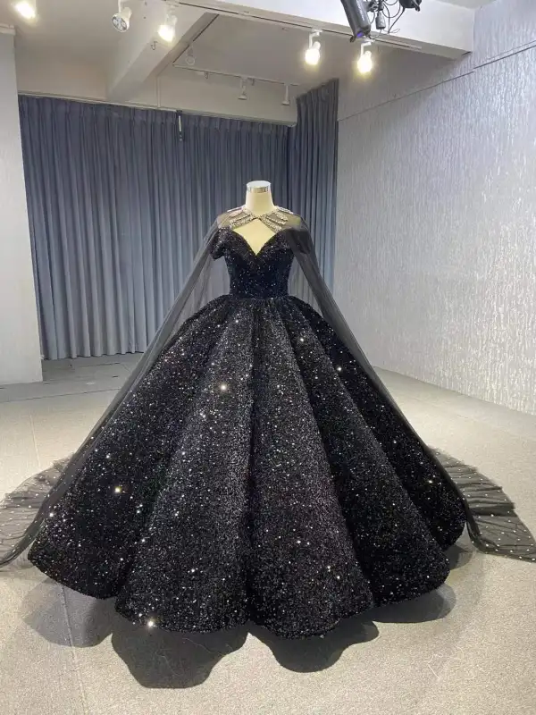 Sparkly Black Sequined Quinceañera Prom Dresses 2026 Sequins Formal Dresses With Cloak Crossed Straps Floor-Length / Long Off-The-Shoulder Ball Gown