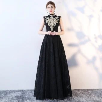 Vintage Originale Noire Robe De Soirée 2017 Princesse Col Haut Sans Manches Appliques En Dentelle Faux Diamant Longue Volants Robe De Ceremonie