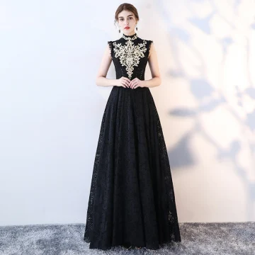 Vintage Retro Black Evening Dresses 2017 A Line Princess High Neck Sleeveless Appliques Lace Rhinestone Floor Length Long Ruffle Formal Dresses