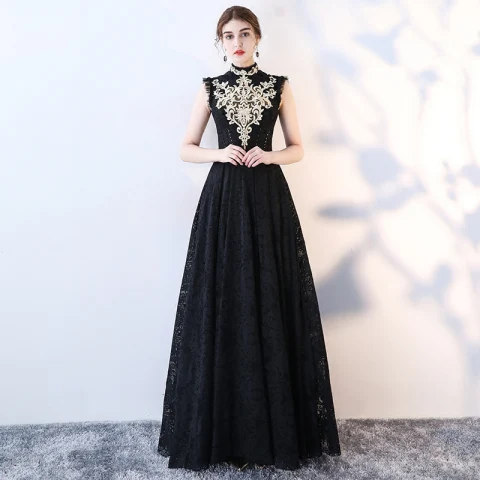 Vintage / Retro Black Evening Dresses  2017 A-Line / Princess High Neck Sleeveless Appliques Lace Rhinestone Floor-Length / Long Ruffle Formal Dresses