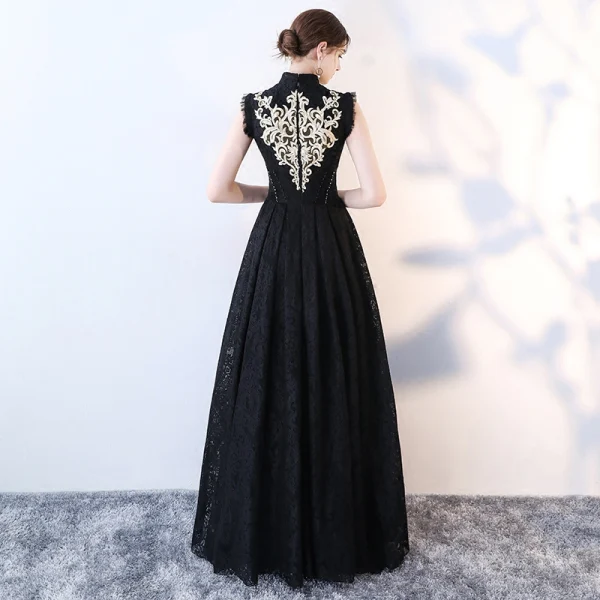 Vintage / Retro Black Evening Dresses 2017 A-Line / Princess High Neck Sleeveless Appliques Lace Rhinestone Floor-Length / Long Ruffle Formal Dresses