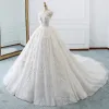 Luxury / Gorgeous Ivory See-through Wedding Dresses 2018 Ball Gown Scoop Neck Sleeveless Backless Appliques Lace Beading Ruffle Cathedral Train