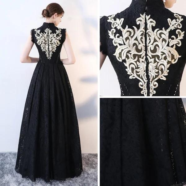 Vintage / Retro Black Evening Dresses 2017 A-Line / Princess High Neck Sleeveless Appliques Lace Rhinestone Floor-Length / Long Ruffle Formal Dresses