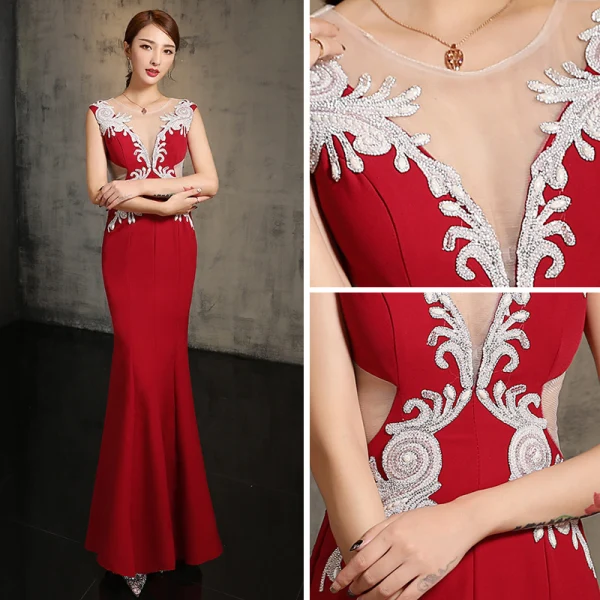 Modern / Fashion Red Evening Dresses 2017 Trumpet / Mermaid V-Neck Sleeveless Glitter Rhinestone Floor-Length / Long Ruffle Backless Pierced Formal Dresses