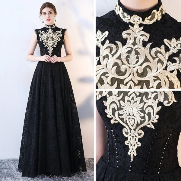 Vintage / Retro Black Evening Dresses 2017 A-Line / Princess High Neck Sleeveless Appliques Lace Rhinestone Floor-Length / Long Ruffle Formal Dresses