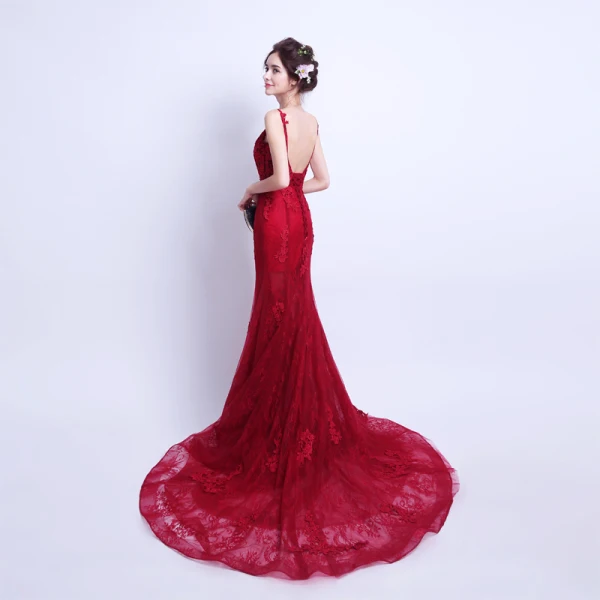 Sexy Bordeaux Été Robe De Soirée 2018 Trompette / Sirène Bretelles Spaghetti Sans Manches Appliques En Dentelle Tribunal Train Volants Dos Nu Robe De Ceremonie