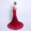 Sexy Bordeaux Été Robe De Soirée 2018 Trompette / Sirène Bretelles Spaghetti Sans Manches Appliques En Dentelle Tribunal Train Volants Dos Nu Robe De Ceremonie