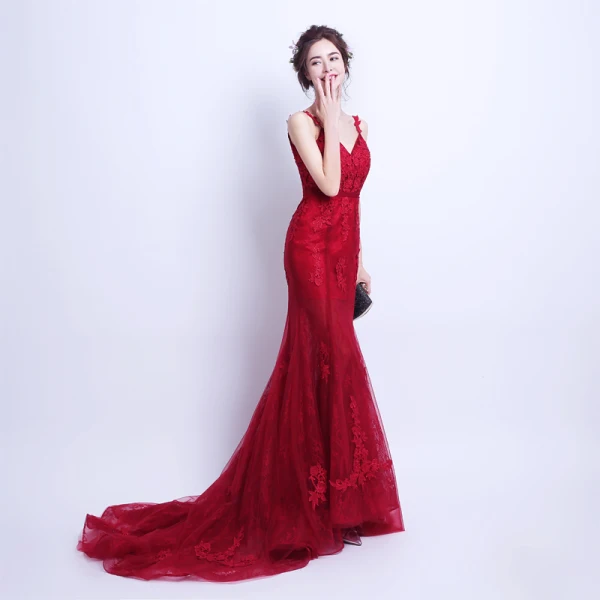Sexy Bordeaux Été Robe De Soirée 2018 Trompette / Sirène Bretelles Spaghetti Sans Manches Appliques En Dentelle Tribunal Train Volants Dos Nu Robe De Ceremonie