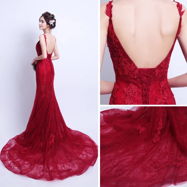 Sexy Bordeaux Été Robe De Soirée 2018 Trompette / Sirène Bretelles Spaghetti Sans Manches Appliques En Dentelle Tribunal Train Volants Dos Nu Robe De Ceremonie