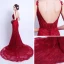 Sexy Bordeaux Été Robe De Soirée 2018 Trompette / Sirène Bretelles Spaghetti Sans Manches Appliques En Dentelle Tribunal Train Volants Dos Nu Robe De Ceremonie