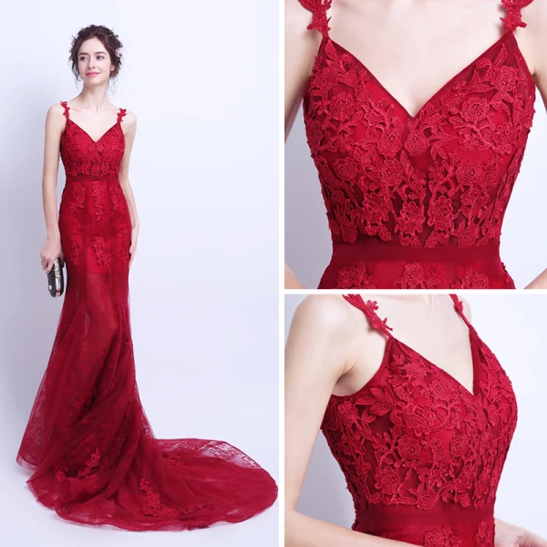 Sexy Bordeaux Été Robe De Soirée 2018 Trompette / Sirène Bretelles Spaghetti Sans Manches Appliques En Dentelle Tribunal Train Volants Dos Nu Robe De Ceremonie