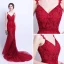 Sexy Bordeaux Été Robe De Soirée 2018 Trompette / Sirène Bretelles Spaghetti Sans Manches Appliques En Dentelle Tribunal Train Volants Dos Nu Robe De Ceremonie