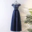 Chic / Belle Bleu Marine Robe De Bal 2017 Princesse De l'épaule Manches Courtes En Dentelle Faux Diamant Ceinture Longue Volants Dos Nu Robe De Ceremonie