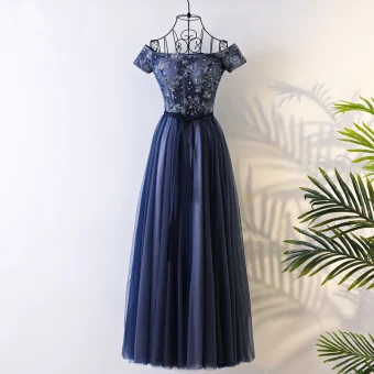 Chic Beautiful Navy Blue Prom Dresses 2017 A Line Princess Off The Shoulder Short Sleeve Lace Rhinestone Sash Floor Length Long Ruffle Backless Formal Dresses