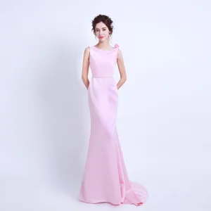 Modest Simple Candy Pink Evening Dresses 2018 Trumpet Mermaid Scoop Neck Sleeveless Rhinestone Sash Sweep Train Backless Formal Dresses