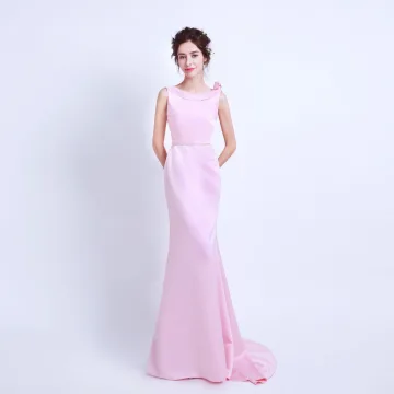 Simple Rose Bonbon Robe De Soirée 2018 Trompette Sirène Encolure Dégagée Sans Manches Faux Diamant Ceinture Train De Balayage Dos Nu Robe De Ceremonie