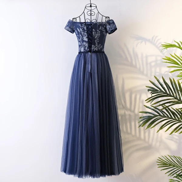Chic / Belle Bleu Marine Robe De Bal 2017 Princesse De l'épaule Manches Courtes En Dentelle Faux Diamant Ceinture Longue Volants Dos Nu Robe De Ceremonie