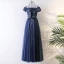 Chic / Belle Bleu Marine Robe De Bal 2017 Princesse De l'épaule Manches Courtes En Dentelle Faux Diamant Ceinture Longue Volants Dos Nu Robe De Ceremonie