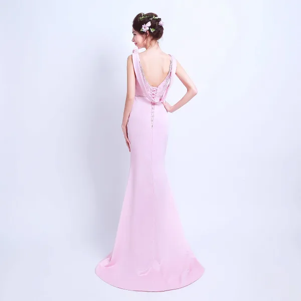 Schlicht Pink Abendkleider 2018 Mermaid Rundhalsausschnitt Ärmellos Strass Stoffgürtel Sweep / Pinsel Zug Rückenfreies Festliche Kleider