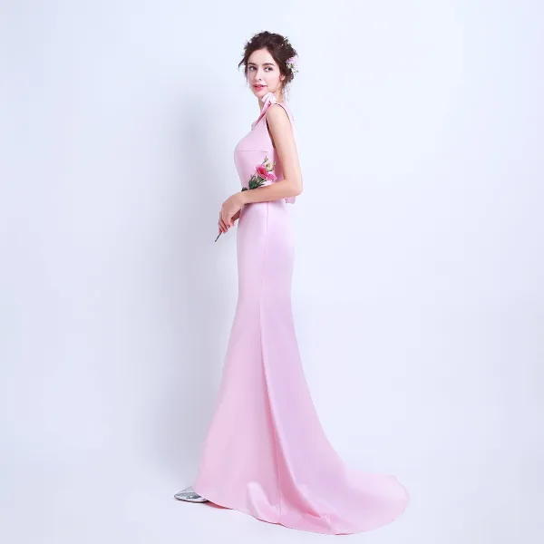 Schlicht Pink Abendkleider 2018 Mermaid Rundhalsausschnitt Ärmellos Strass Stoffgürtel Sweep / Pinsel Zug Rückenfreies Festliche Kleider