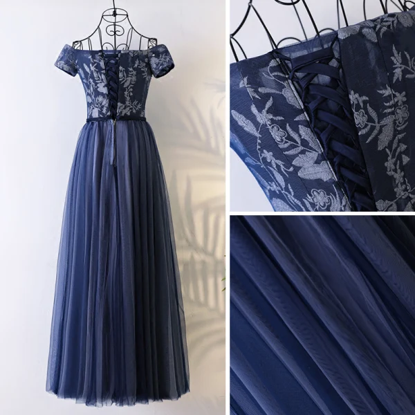 Chic / Belle Bleu Marine Robe De Bal 2017 Princesse De l'épaule Manches Courtes En Dentelle Faux Diamant Ceinture Longue Volants Dos Nu Robe De Ceremonie