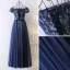 Chic / Belle Bleu Marine Robe De Bal 2017 Princesse De l'épaule Manches Courtes En Dentelle Faux Diamant Ceinture Longue Volants Dos Nu Robe De Ceremonie
