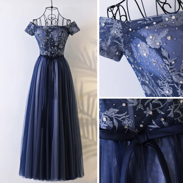 Chic / Belle Bleu Marine Robe De Bal 2017 Princesse De l'épaule Manches Courtes En Dentelle Faux Diamant Ceinture Longue Volants Dos Nu Robe De Ceremonie