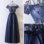 Chic / Belle Bleu Marine Robe De Bal 2017 Princesse De l'épaule Manches Courtes En Dentelle Faux Diamant Ceinture Longue Volants Dos Nu Robe De Ceremonie