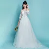Chic / Beautiful Beach White Wedding Dresses 2017 A-Line / Princess Scoop Neck Strapless 1/2 Sleeves Backless Pierced Pearl Ruffle Court Train