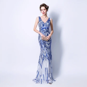 Abordable Bleu Roi Paillettes Robe De Soirée 2018 Trompette Sirène V Cou Sans Manches Longue Dos Nu Robe De Ceremonie