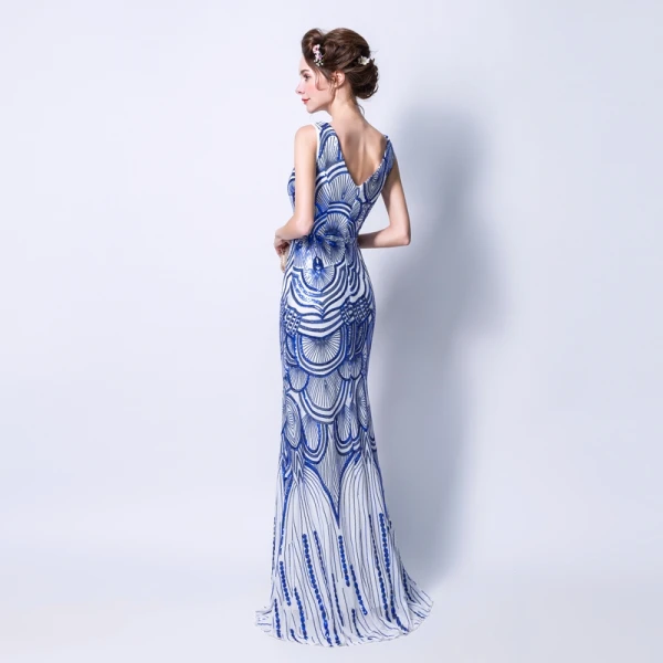 Affordable Royal Blue Sequins Evening Dresses 2018 Trumpet / Mermaid V-Neck Sleeveless Floor-Length / Long Backless Formal Dresses