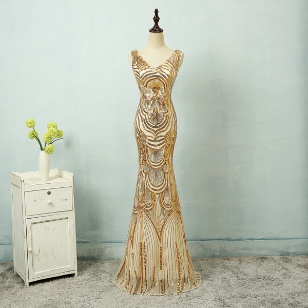 Affordable Royal Blue Sequins Evening Dresses 2018 Trumpet / Mermaid V-Neck Sleeveless Floor-Length / Long Backless Formal Dresses