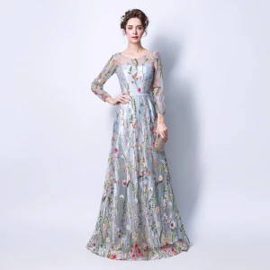 Abordable Gris Transparentes Robe De Soirée 2018 Princesse Encolure Dégagée Manches Longues Ceinture Appliques En Dentelle Longue Volants Robe De Ceremonie