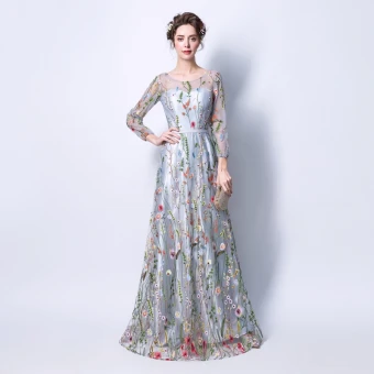 Abordable Gris Transparentes Robe De Soirée 2018 Princesse Encolure Dégagée Manches Longues Ceinture Appliques En Dentelle Longue Volants Robe De Ceremonie