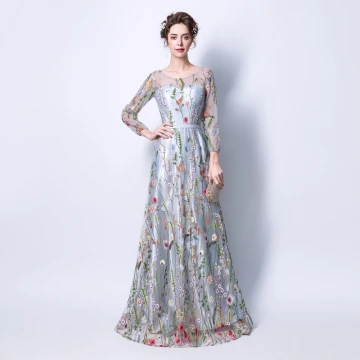 Affordable Grey See Through Evening Dresses 2018 A Line Princess Scoop Neck Long Sleeve Sash Appliques Lace Floor Length Long Ruffle Formal Dresses