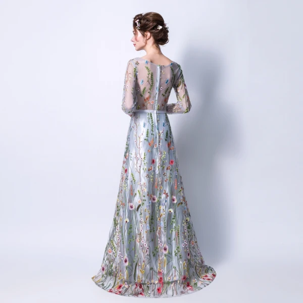 Affordable Grey See-through Evening Dresses 2018 A-Line / Princess Scoop Neck Long Sleeve Sash Appliques Lace Floor-Length / Long Ruffle Formal Dresses