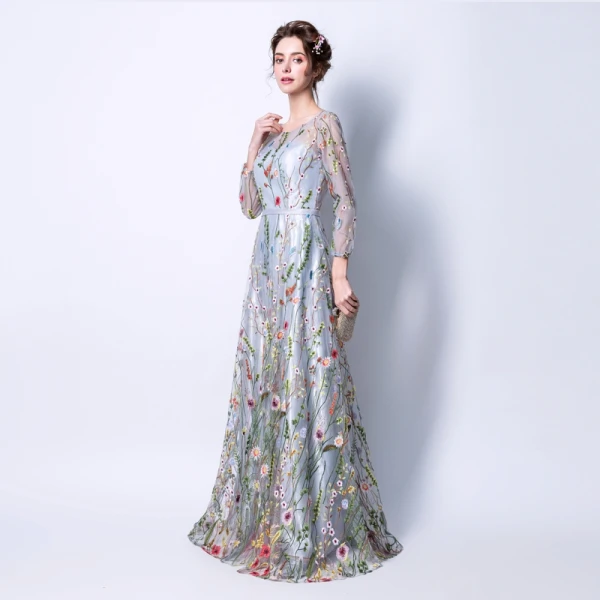 Affordable Grey See-through Evening Dresses 2018 A-Line / Princess Scoop Neck Long Sleeve Sash Appliques Lace Floor-Length / Long Ruffle Formal Dresses