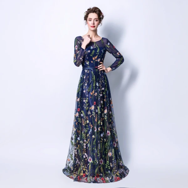 Affordable Grey See-through Evening Dresses 2018 A-Line / Princess Scoop Neck Long Sleeve Sash Appliques Lace Floor-Length / Long Ruffle Formal Dresses