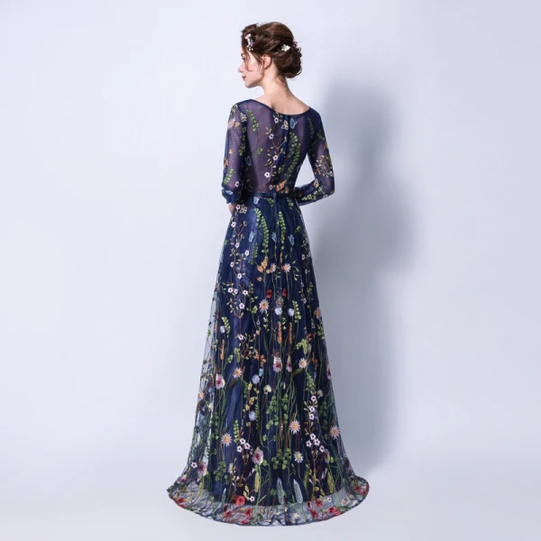 Affordable Grey See-through Evening Dresses 2018 A-Line / Princess Scoop Neck Long Sleeve Sash Appliques Lace Floor-Length / Long Ruffle Formal Dresses
