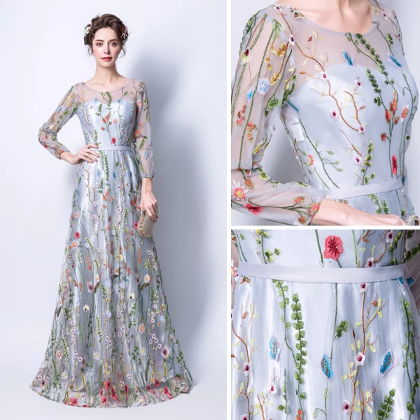 Affordable Grey See-through Evening Dresses 2018 A-Line / Princess Scoop Neck Long Sleeve Sash Appliques Lace Floor-Length / Long Ruffle Formal Dresses